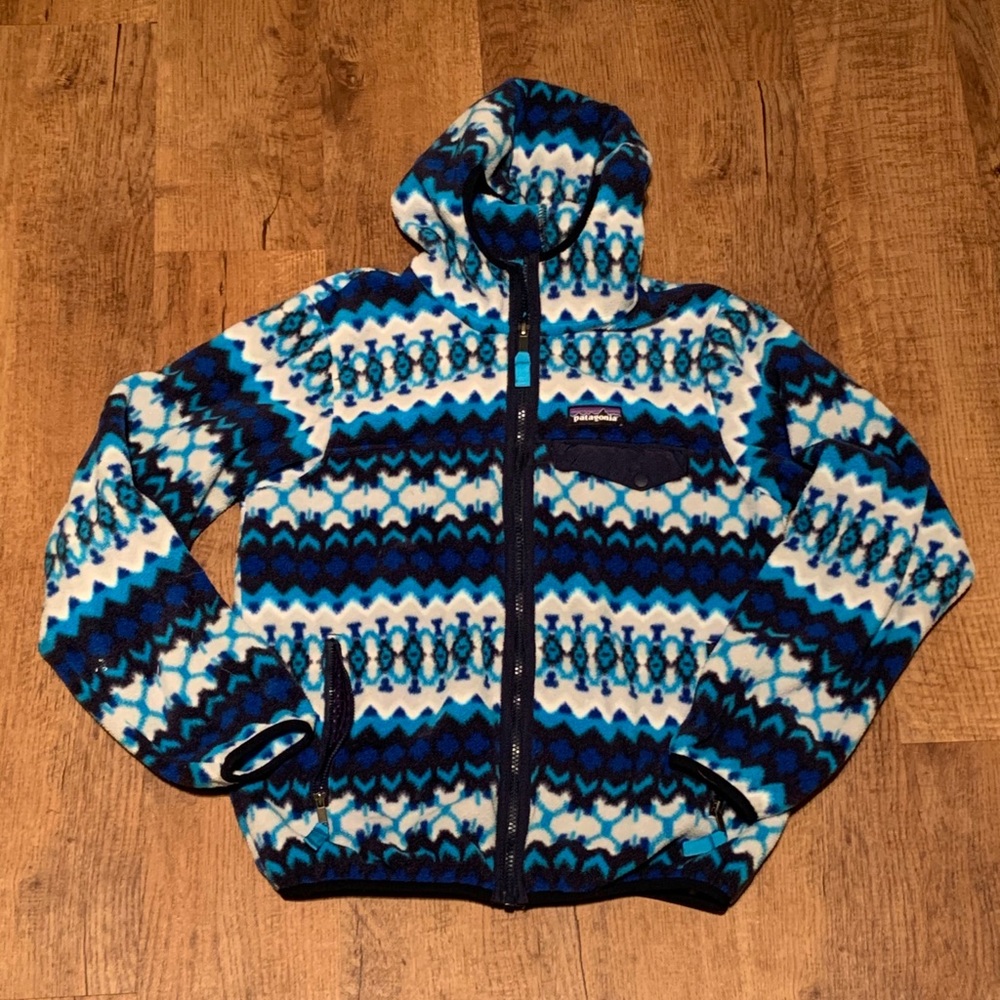 Patagonia Women’s Blue and White Hooded Fleece Full-Zip Jacket w/ Pockets